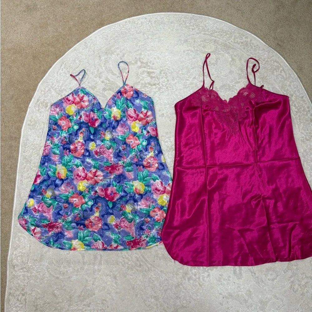 Vintage Satin Slip‎ Nightgown Lot Val Mode Floral Pink Lace Lingerie Y2K